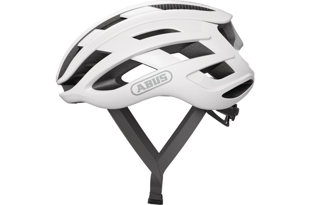 Kask rowerowy ABUS AirBreaker Polar Biały mat Szosowy rozmiar L kask na białym tle widoczny z boku wydajna ochrona wentylacja bezpieczna jazda na szosie 