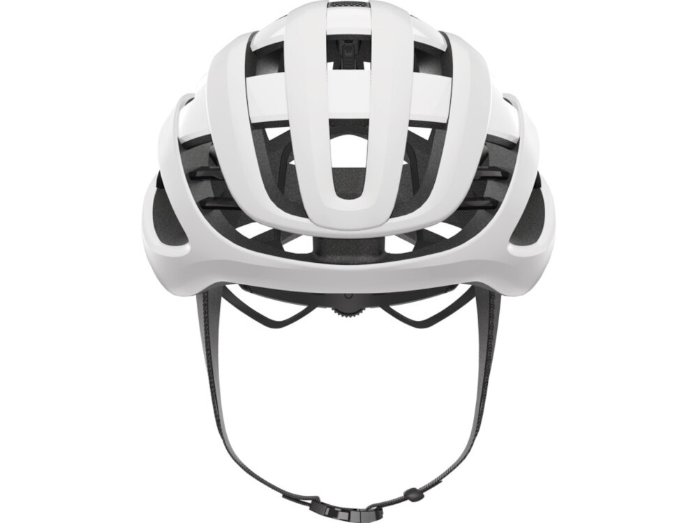 Kask rowerowy ABUS AirBreaker Polar Biały mat Szosowy rozmiar L kask na białym tle widoczny od przodu do jazdy szosowej bezpieczeństwo lekkość trwałość wygoda przemyślana konstrukcja homologacja CE EN 1078 zaawansowane technologie chroni głowę w razie wypadku