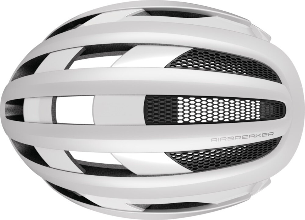 Kask rowerowy ABUS AirBreaker Polar Biały mat Szosowy rozmiar L kask widoczny od góry białe tło zaawansowany system Forced Air Cooling 11 wlotów 13 wylotów powietrza regulują temperaturę pod skorupą kasku kanały wentylacyjne powietrze krąży równomiernie