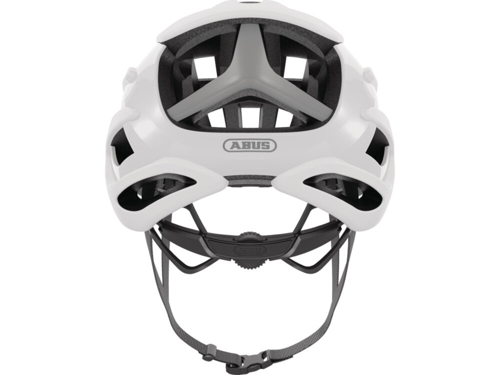 Kask rowerowy ABUS AirBreaker Polar Biały mat Szosowy rozmiar L kask na białym tle widoczny od tyłu technologia In-Mold trwała powłoka zewnętrzna warstwa wewnętrzna EPS skutecznie absorbuje energię uderzenia wysoka odporność na uszkodzenia waga 230 g chroni głowę bez obciążania karku