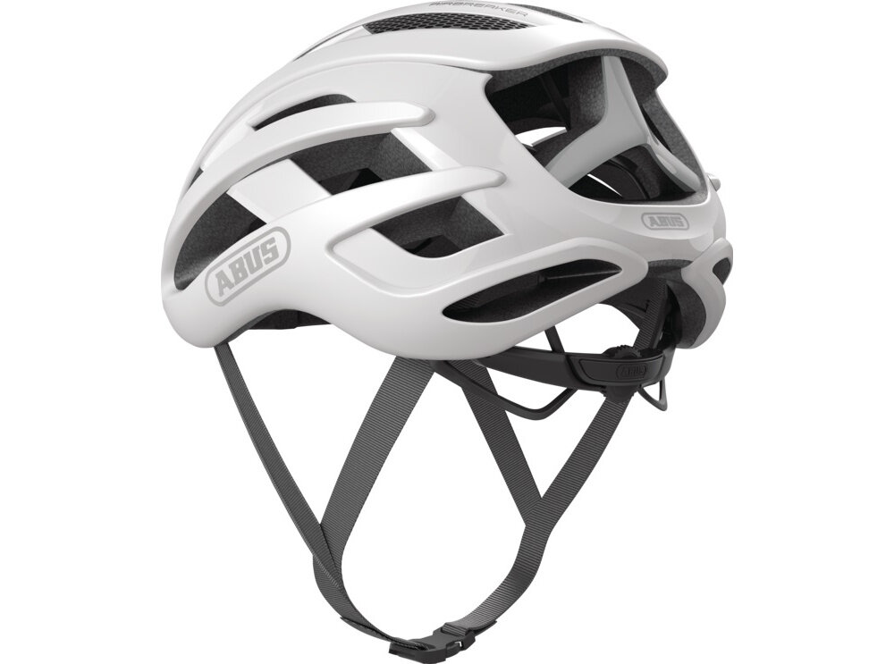 Kask rowerowy ABUS AirBreaker Polar Biały mat Szosowy rozmiar L kask na białym tle widoczny od tyłu pod skosem zaprojektowany z myślą o osobach z dłuższymi włosami odpowiedni kształt tylnej części wygodne założenie kasku bez konieczności zmiany fryzury