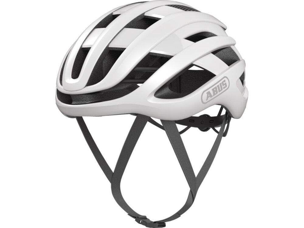 Kask rowerowy ABUS AirBreaker Polar Biały mat Szosowy rozmiar L kask na białym tle widoczny od przodu pod skosem system FlowStraps paski przyjazne dla skóry nie podrażniają nie skręcają się podczas jazdy aerodynamiczny kształt tłumieniu drgań i stabilnemu zapinaniu