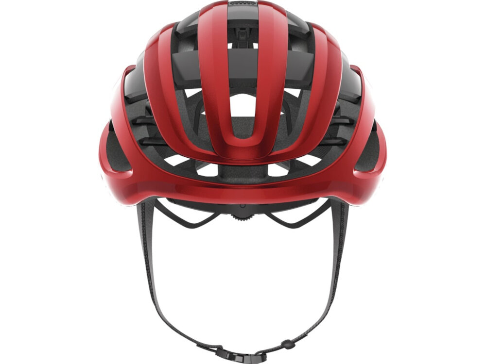Kask rowerowy ABUS AirBreaker Performancer Performance Czerwony Szosowy rozmiar L kask na białym tle widoczny od przodu do jazdy szosowej bezpieczeństwo lekkość trwałość wygoda przemyślana konstrukcja homologacja CE EN 1078 zaawansowane technologie chroni głowę w razie wypadku