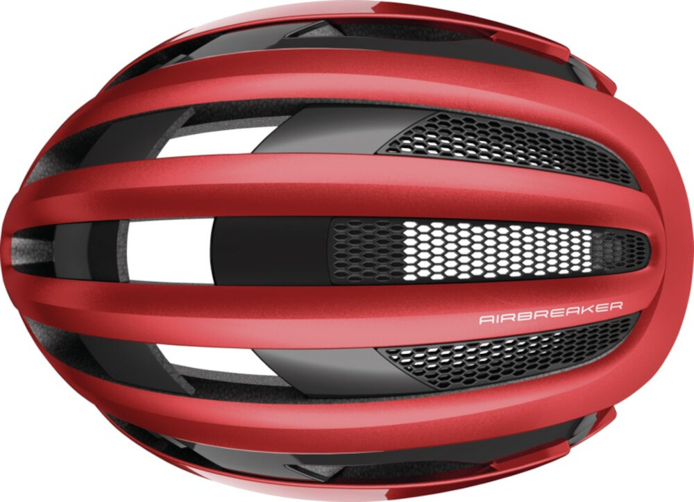 Kask rowerowy ABUS AirBreaker Performancer Performance Czerwony Szosowy rozmiar L kask widoczny od góry białe tło zaawansowany system Forced Air Cooling 11 wlotów 13 wylotów powietrza regulują temperaturę pod skorupą kasku kanały wentylacyjne powietrze krąży równomiernie