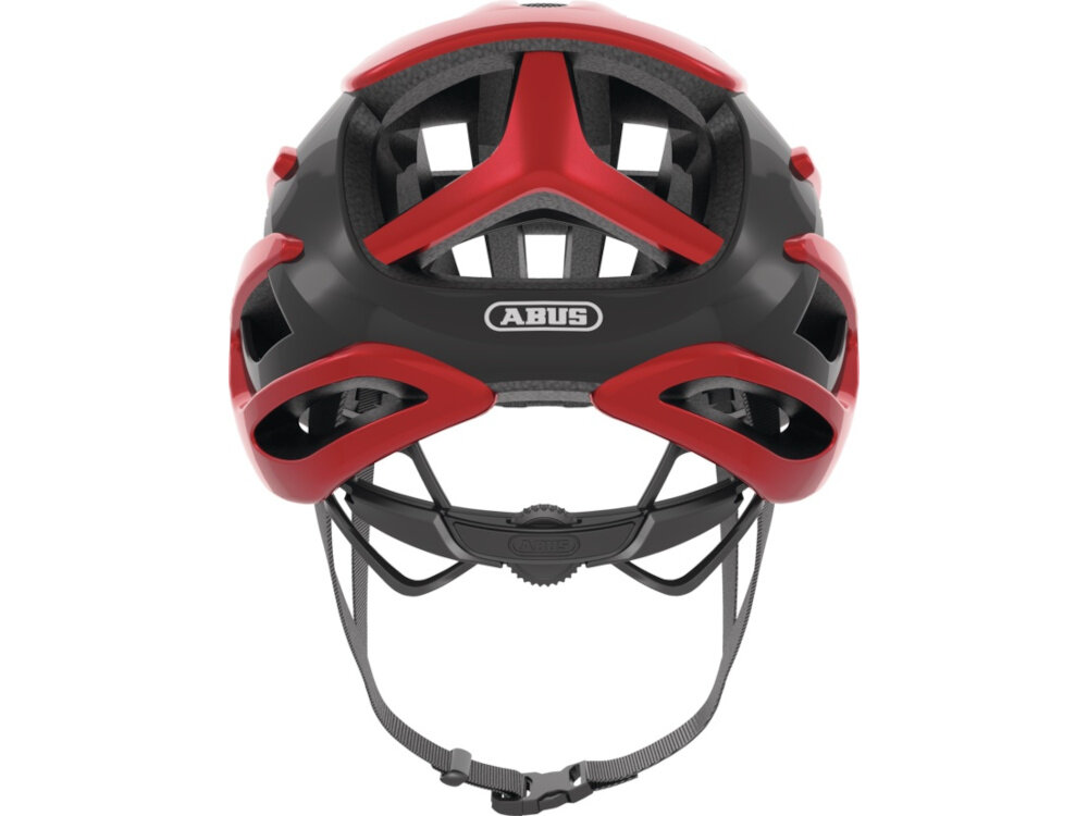 Kask rowerowy ABUS AirBreaker Performancer Performance Czerwony Szosowy rozmiar L kask na białym tle widoczny od tyłu technologia In-Mold trwała powłoka zewnętrzna warstwa wewnętrzna EPS skutecznie absorbuje energię uderzenia wysoka odporność na uszkodzenia waga 230 g chroni głowę bez obciążania karku