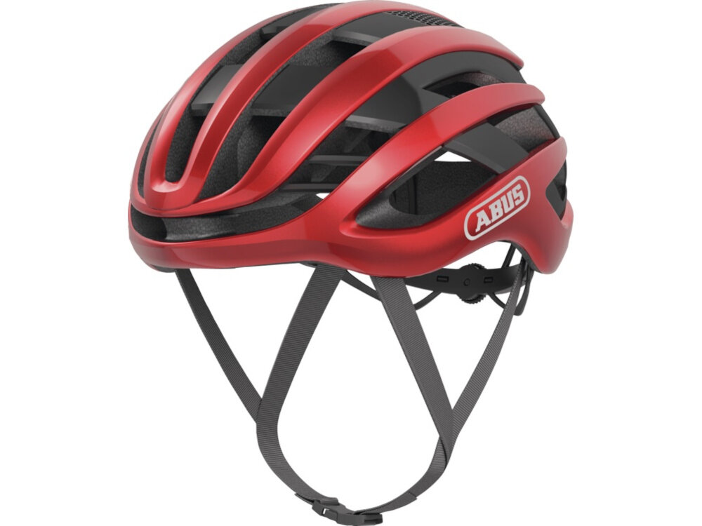 Kask rowerowy ABUS AirBreaker Performancer Performance Czerwony Szosowy rozmiar L kask na białym tle widoczny od przodu pod skosem zintegrowane w strukturze EPS wzmocnienie ActiCage Lite usztywnia konstrukcję w strategicznych miejscach bez ograniczania wentylacji wysoka odporność na odkształcenia w razie upadku wysoki poziom ochrony przy zachowaniu lekkości i komfortu
