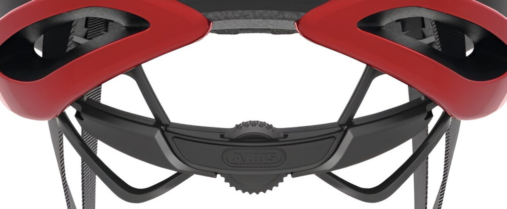 Kask rowerowy ABUS AirBreaker Performancer Performance Czerwony Szosowy rozmiar L zbliżenie na pokrętło do regulacji białe tło system Zoom Ace z precyzyjnym pokrętłem łatwe i szybkie dopasowanie kasku do obwodu głowy w zakresie od 59 do 61 cm regulacja jedną ręką kask nie przesuwa się w trakcie jazdy i nie powoduje ucisku bezpieczeństwo komfort