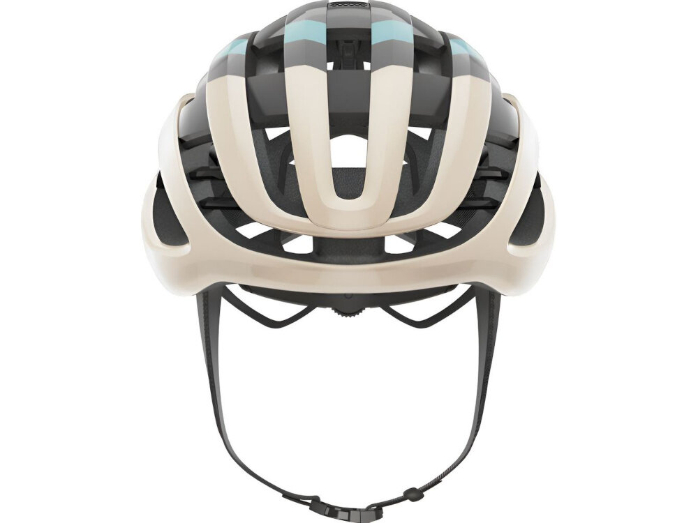 Kask rowerowy ABUS AirBreaker Szampańskie złoto Szosowy rozmiar S kask na białym tle widoczny od przodu do jazdy szosowej bezpieczeństwo lekkość trwałość wygoda przemyślana konstrukcja homologacja CE EN 1078 zaawansowane technologie chroni głowę w razie wypadku