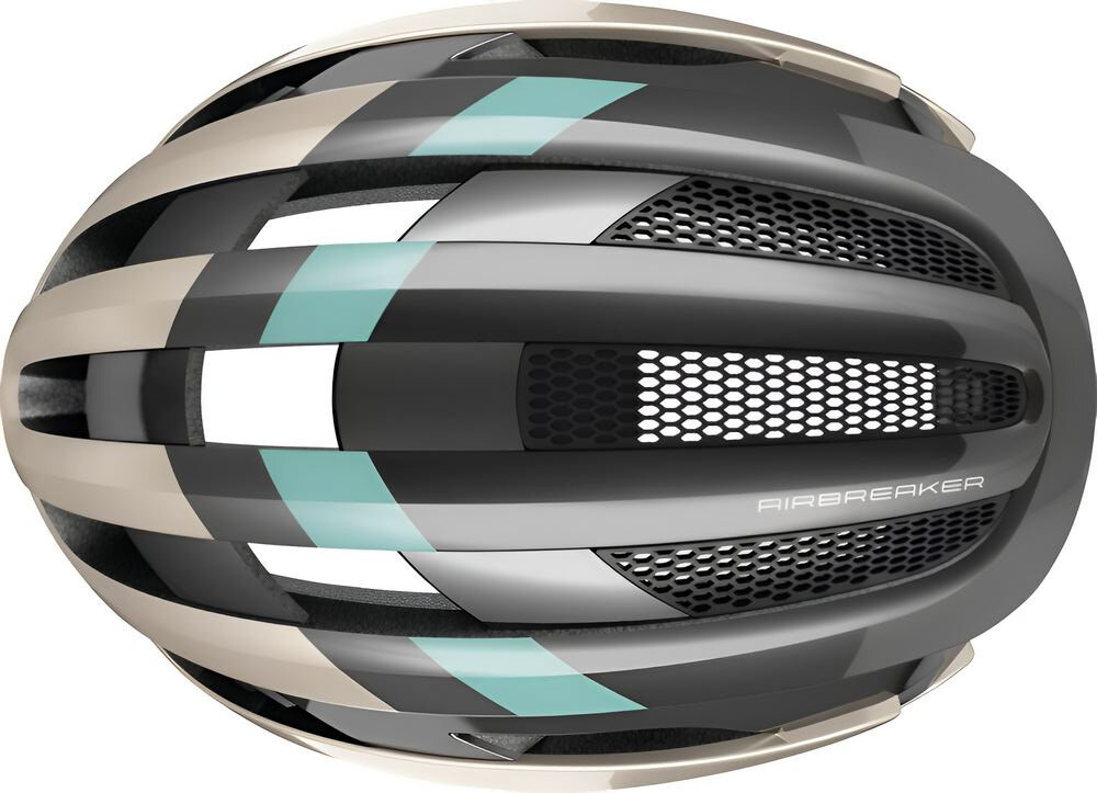 Kask rowerowy ABUS AirBreaker Szampańskie złoto Szosowy rozmiar S kask widoczny od góry białe tło zaawansowany system Forced Air Cooling 11 wlotów 13 wylotów powietrza regulują temperaturę pod skorupą kasku kanały wentylacyjne powietrze krąży równomiernie