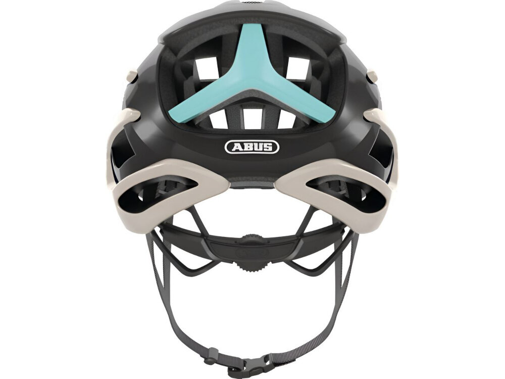 Kask rowerowy ABUS AirBreaker Szampańskie złoto Szosowy rozmiar S kask na białym tle widoczny od tyłu technologia In-Mold trwała powłoka zewnętrzna warstwa wewnętrzna EPS skutecznie absorbuje energię uderzenia wysoka odporność na uszkodzenia waga 200 g chroni głowę bez obciążania karku