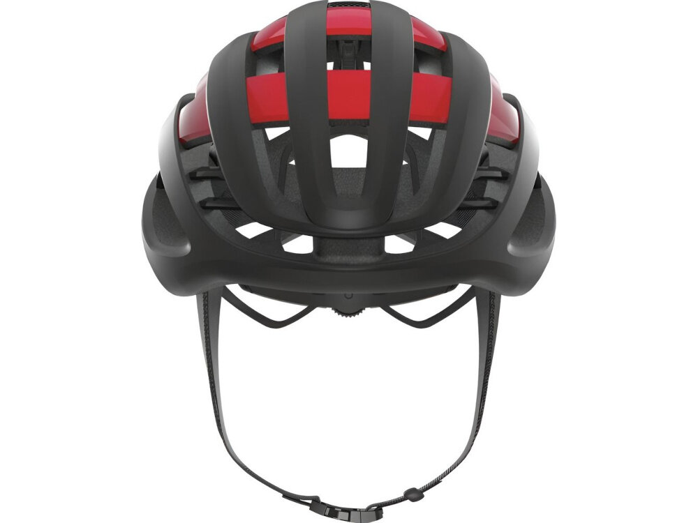 Kask rowerowy ABUS AirBreaker Czarno-czerwony Szosowy rozmiar M kask na białym tle widoczny od przodu do jazdy szosowej bezpieczeństwo lekkość trwałość wygoda przemyślana konstrukcja zaawansowane technologie chroni głowę w razie wypadku