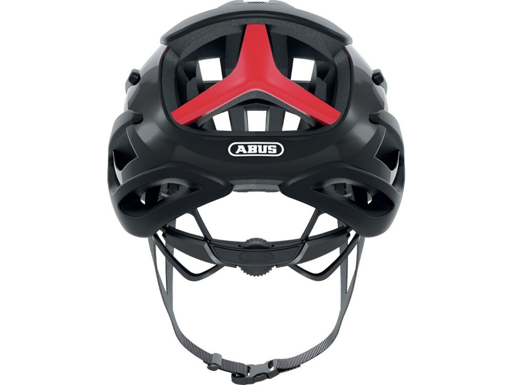 Kask rowerowy ABUS AirBreaker Czarno-czerwony Szosowy rozmiar M kask na białym tle widoczny od tyłu technologia In-Mold trwała powłoka zewnętrzna warstwa wewnętrzna EPS skutecznie absorbuje energię uderzenia wysoka odporność na uszkodzenia waga 210 g chroni głowę bez obciążania karku