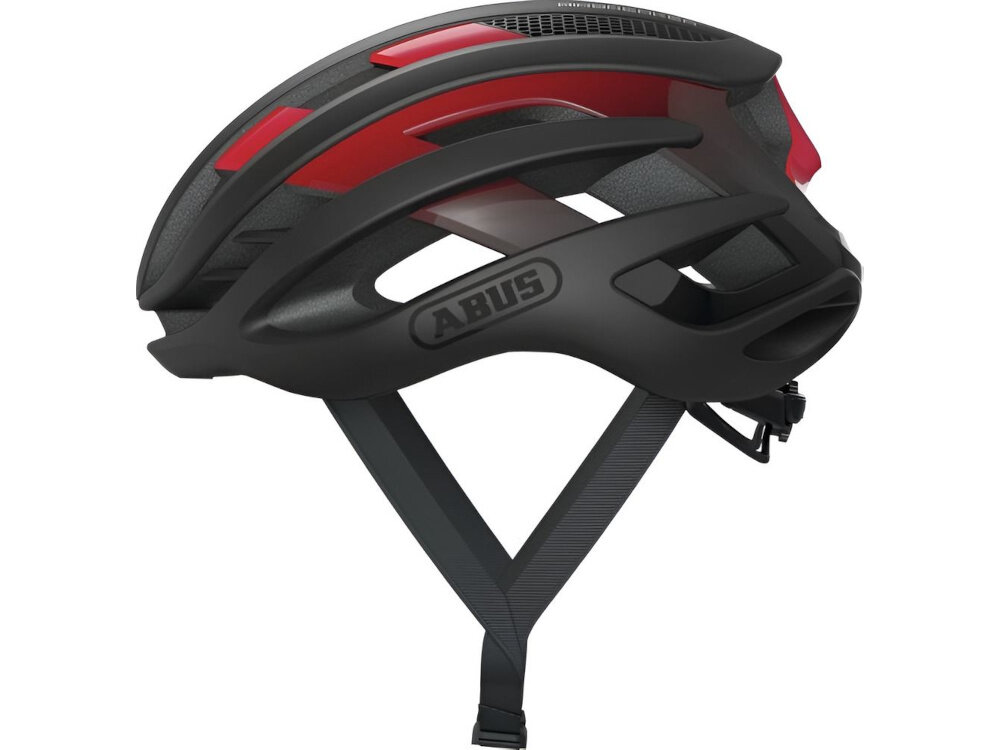 Kask rowerowy ABUS AirBreaker Czarno-czerwony Szosowy rozmiar L kask na białym tle widoczny z boku wydajna ochrona wentylacja bezpieczna jazda na szosie
