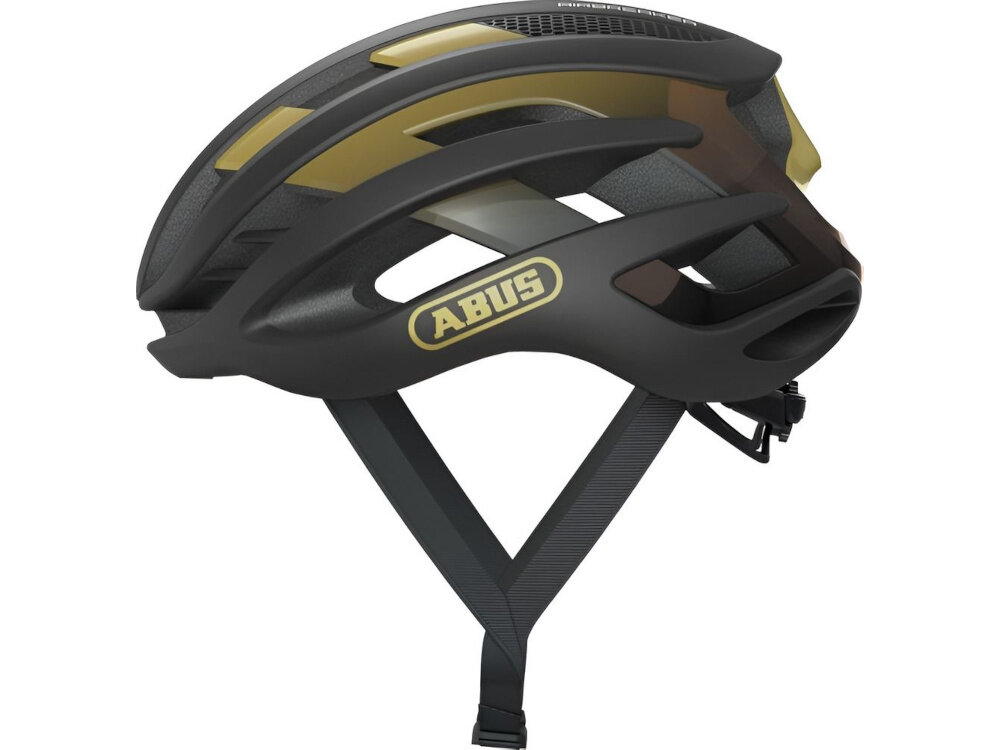 Kask rowerowy ABUS AirBreaker Czarno-złoty Szosowy rozmiar L kask na białym tle widoczny z boku wydajna ochrona wentylacja bezpieczna jazda na szosie