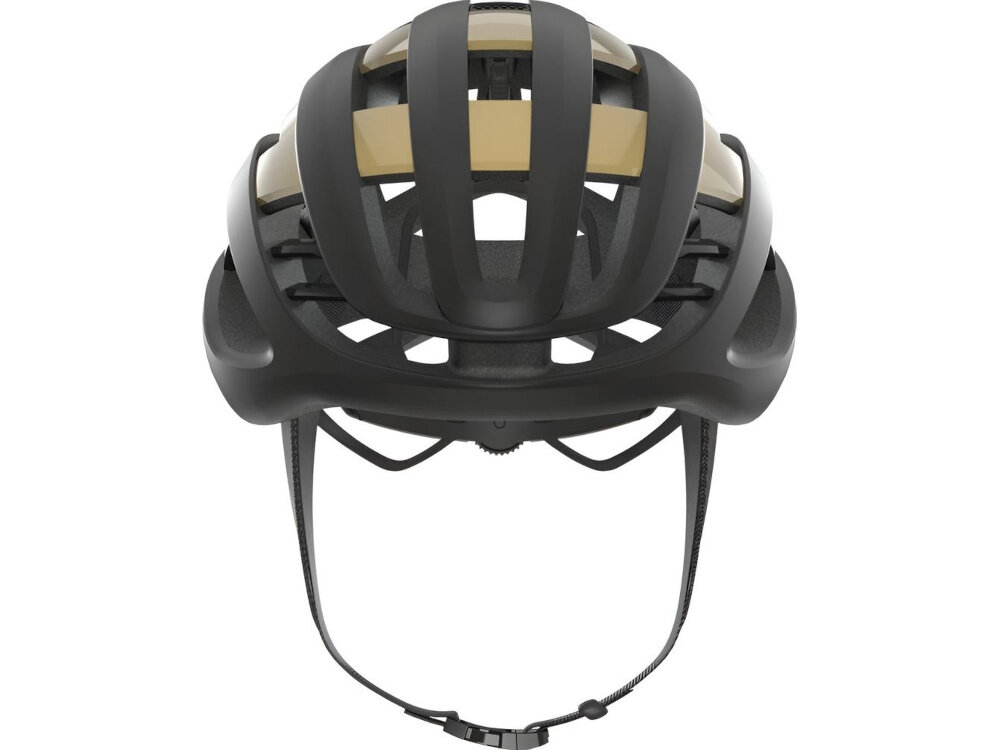 Kask rowerowy ABUS AirBreaker Czarno-złoty Szosowy rozmiar L kask na białym tle widoczny od przodu do jazdy szosowej bezpieczeństwo lekkość trwałość wygoda przemyślana konstrukcja zaawansowane technologie chroni głowę w razie wypadku