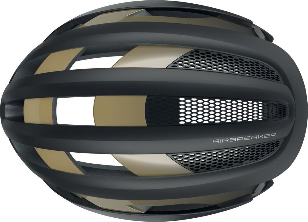 Kask rowerowy ABUS AirBreaker Czarno-złoty Szosowy rozmiar L kask widoczny od góry białe tło zaawansowany system Forced Air Cooling 11 wlotów 13 wylotów powietrza regulują temperaturę pod skorupą kasku kanały wentylacyjne powietrze krąży równomiernie