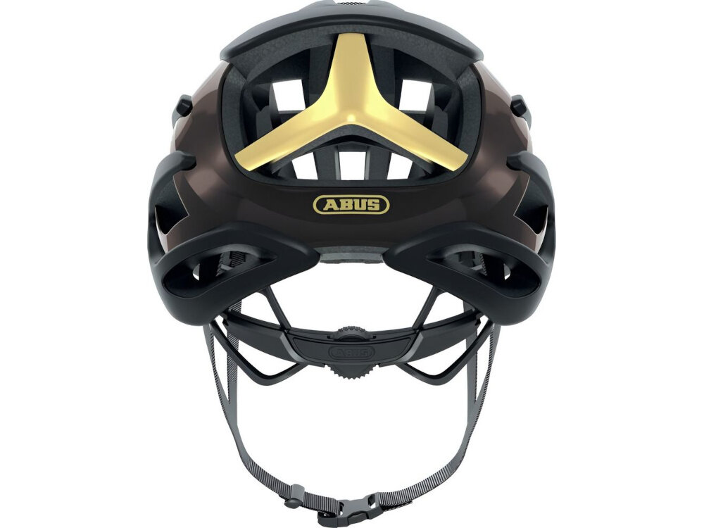 Kask rowerowy ABUS AirBreaker Czarno-złoty Szosowy rozmiar L kask na białym tle widoczny od tyłu technologia In-Mold trwała powłoka zewnętrzna warstwa wewnętrzna EPS skutecznie absorbuje energię uderzenia wysoka odporność na uszkodzenia waga 230 g chroni głowę bez obciążania karku