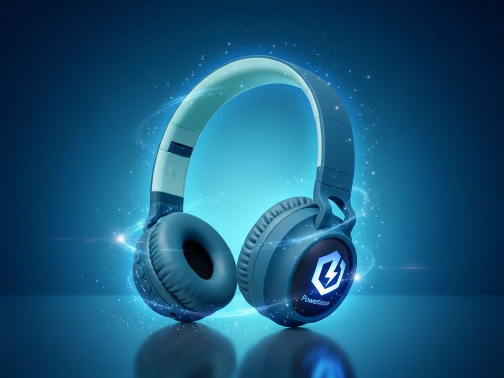 Słuchawki nauszne POWERLOCUS Buddy Kids z regulacją głośności 74-94 dB dla dzieci, słuchawki po skosie na ciemnym tle