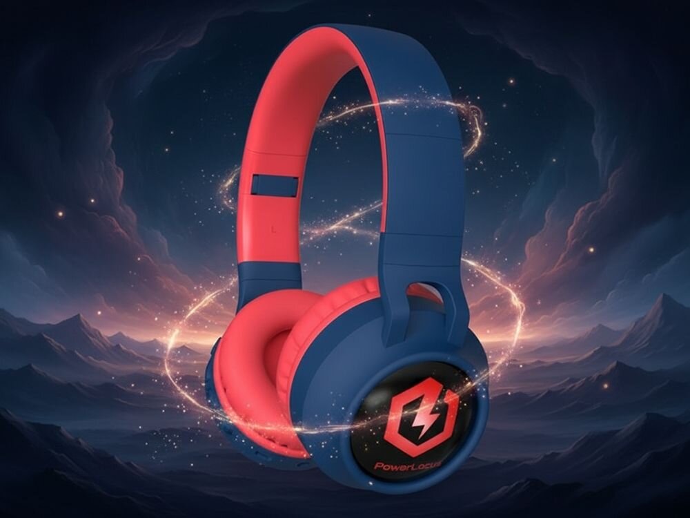 Słuchawki nauszne POWERLOCUS Buddy Kids z regulacją głośności 74-94 dB dla dzieci, słuchawki po skosie na ciemnym tle