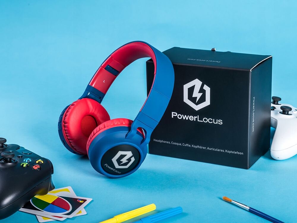 Słuchawki nauszne POWERLOCUS Buddy Kids komfort regulowany pałąk poduszki, słuchawki oparte o pudełko