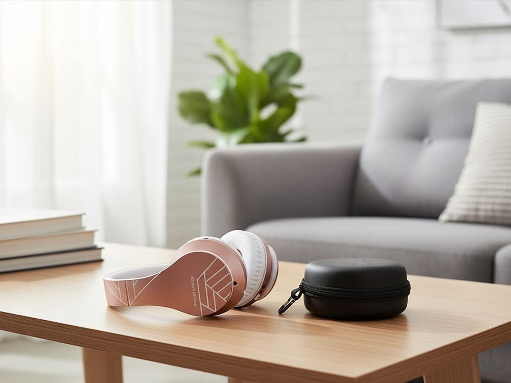 Słuchawki nauszne POWERLOCUS P2 Kids dla dzieci wygodne bezpieczne użytkowanie, słuchawki nauszne wraz z etui leżące na blacie