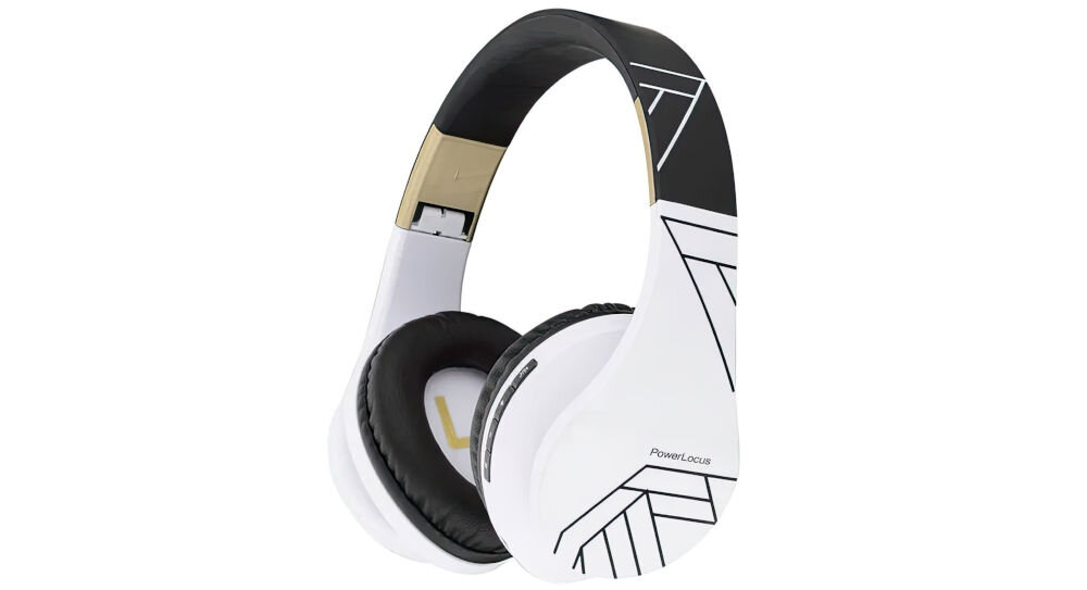 PowerLocus P2 słuchawki nauszne Bluetooth 5.3 AUX microSD radio FM, słuchawki nauszne po skosie na białym tle