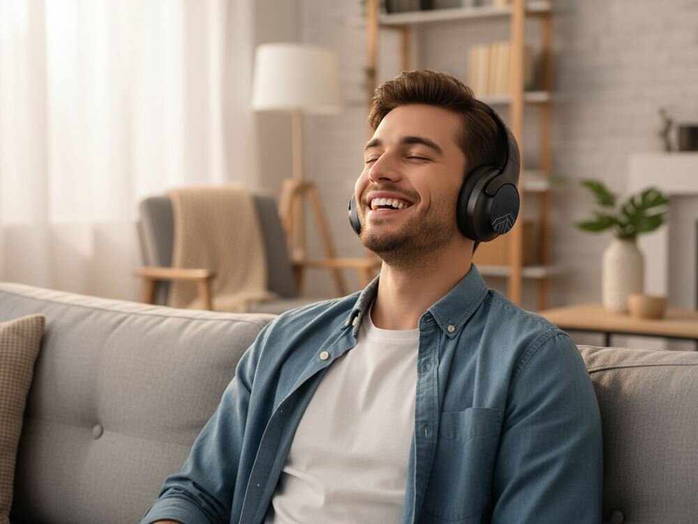 Słuchawki nauszne POWERLOCUS P3 czysty dźwięk hi-fi komfortowe słuchanie, osoba z założonymi słuchawkami nausznymi siedząca na kanapie