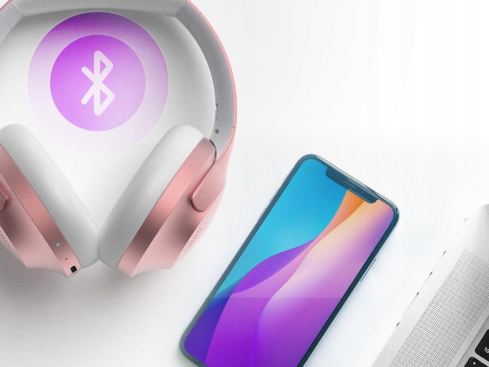 Słuchawki nauszne POWERLOCUS P3 Bluetooth 5.3 mikrofon redukcja szumów, słuchawki nauszne od frontu oraz smartfon na jasnym tle, logo Bluetooth