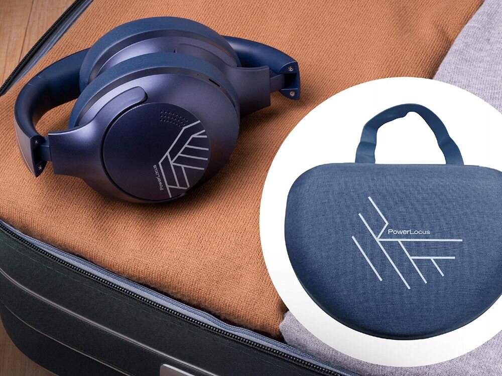Słuchawki nauszne POWERLOCUS P3 ponad 50 godzin pracy USB-C kabel AUX, słuchawki leżące w walizce