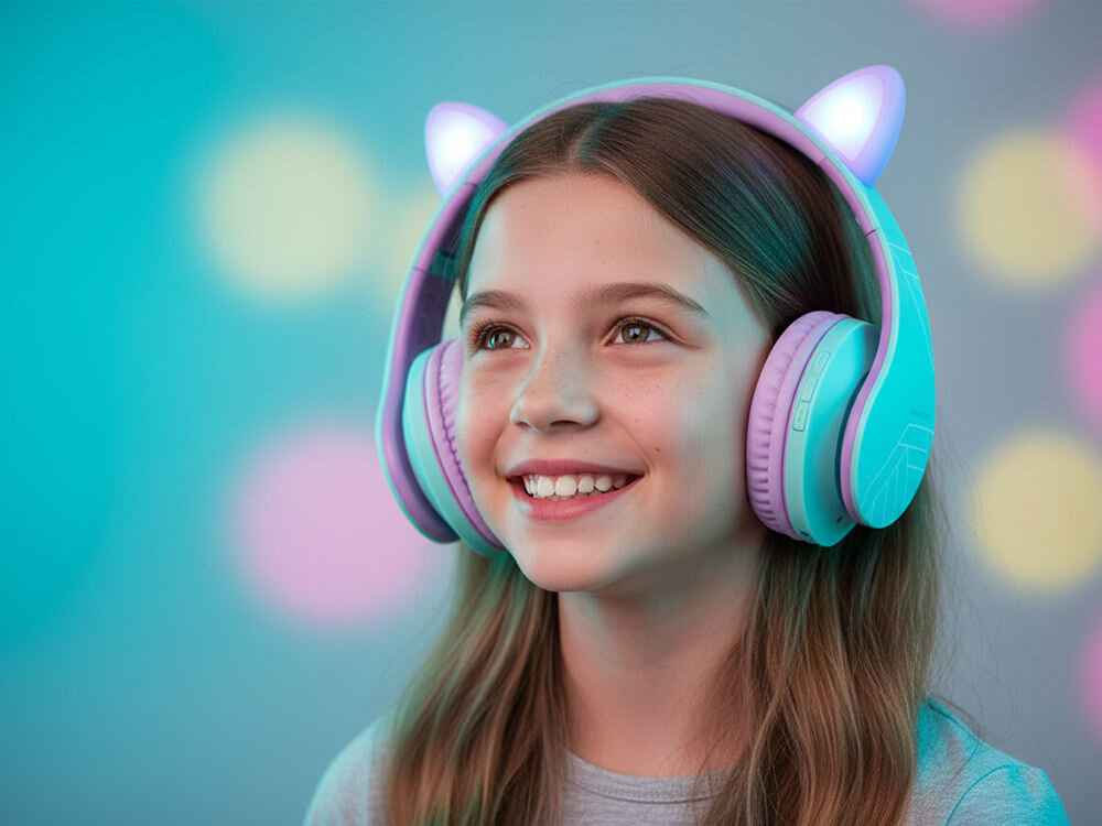Słuchawki nauszne POWERLOCUS P2 Kids kocie uszy kolorowe dla dzieci, dziecko w słuchawkach nausznych