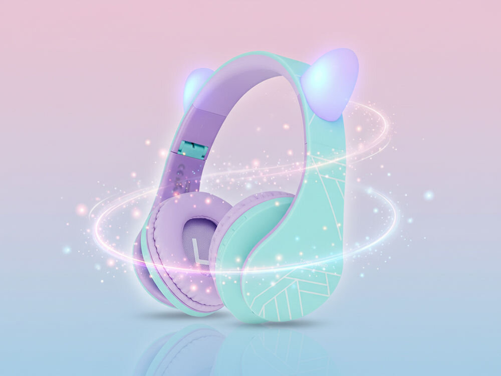 Słuchawki POWERLOCUS P2 Kids z ogranicznikiem głośności do 85 dB dla dzieci, słuchawki nauszne po skosie na jasnym tle