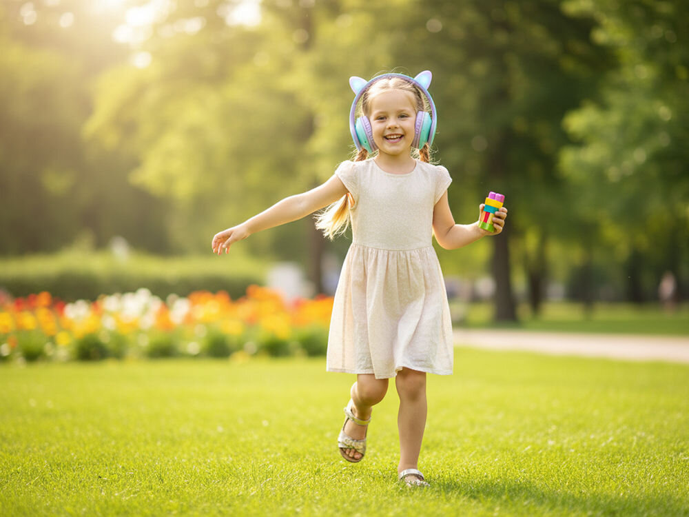 Słuchawki POWERLOCUS P2 Kids Bluetooth AUX microSD dla dzieci, dziecko z założonymi słuchawkami nausznymi