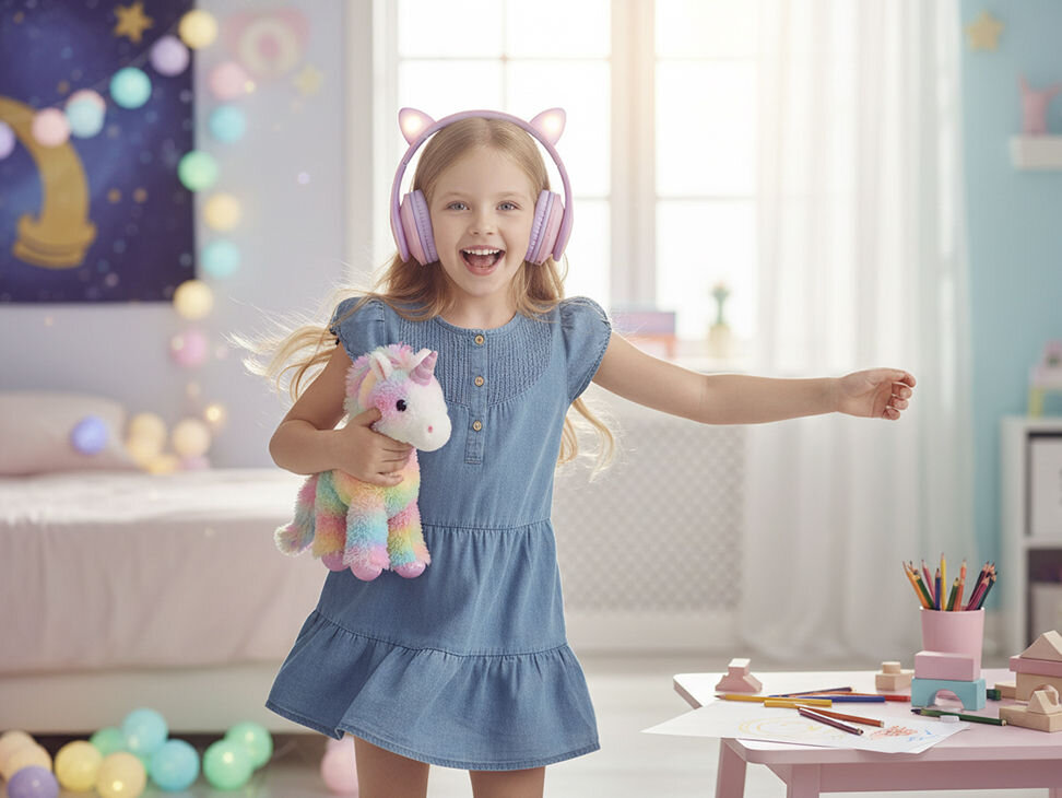 Słuchawki POWERLOCUS P2 Kids z mikrofonem do lekcji online i rozmów, dziecko z założonymi słuchawkami nausznymi