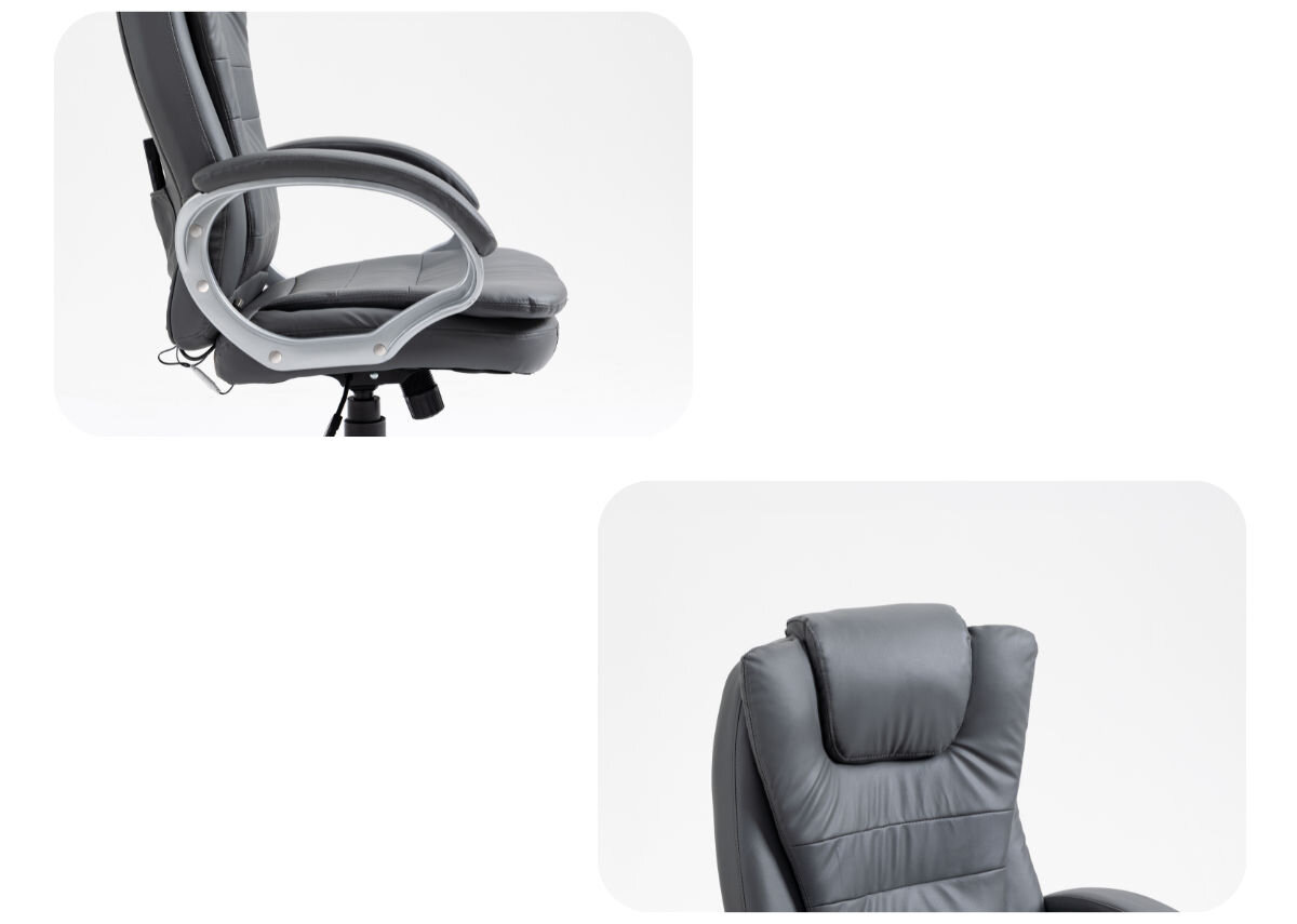 Fotel ACTIVEJET YK7304 Szary Podgrzewany z masażem, komfort, praca, odprężające, masaż, na białym tle krzesło w 2 zdjęciach przedstawiające zagłówek oraz siedzisko