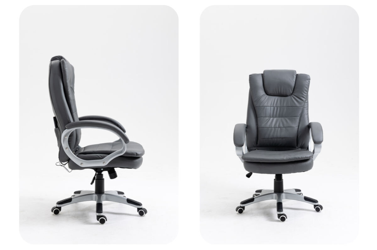 Fotel ACTIVEJET YK7304 Szary Podgrzewany z masażem, oparcie, siedzisko, poliuretan, wygoda, na białym tle 2 zdjęcia przedstawiające fotel frontem na wprost oraz bokiem prawo