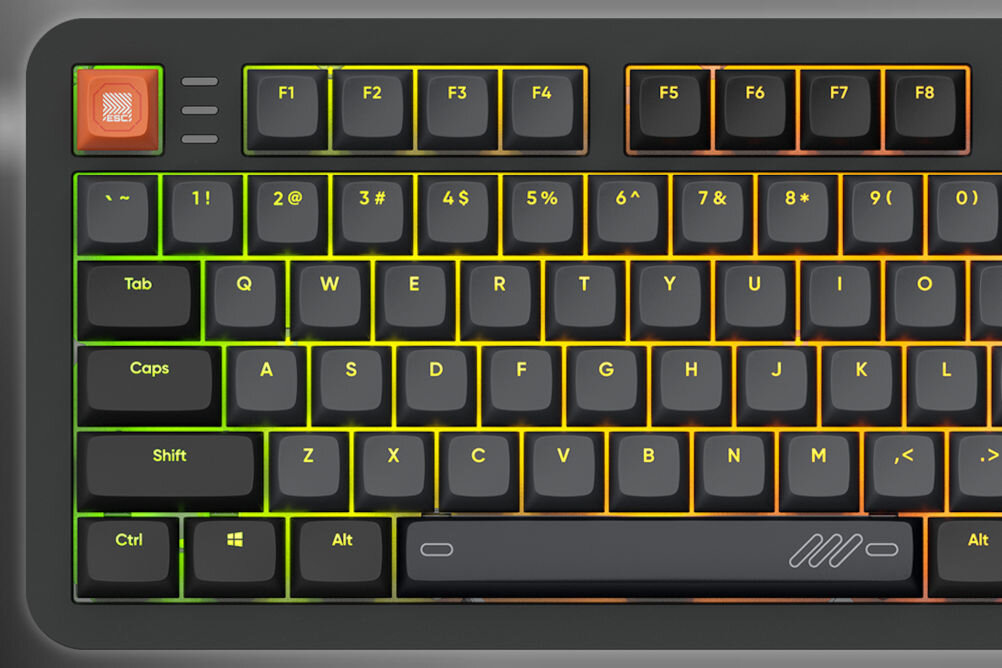 Klawiatura DARK PROJECT ALU87B Gamma dedykowana aplikacja możliwość dostosowania podświetlenia RGB 16,7 mln kolorów gotowe efekty regulacja jasności możliwość podświetlenia
wybranych klawiszy przypisywanie funkcji klawiszy