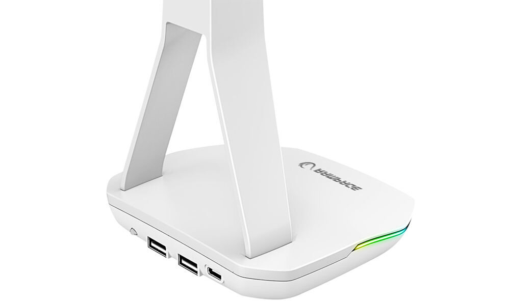 Rampage Tower T14 Stojak na słuchawki, gamingowy RGB, hub 2x USB, biały dwa wbudowane porty USB-A jeden port USB-C podłączenie niezbędnych akcesoriów mysz klawiatura ładowarki do smartfonów praktyczne rozwiązanie codzienne użytkowanie intensywne sesje gamingowe wygoda szybki dostęp do urządzeń