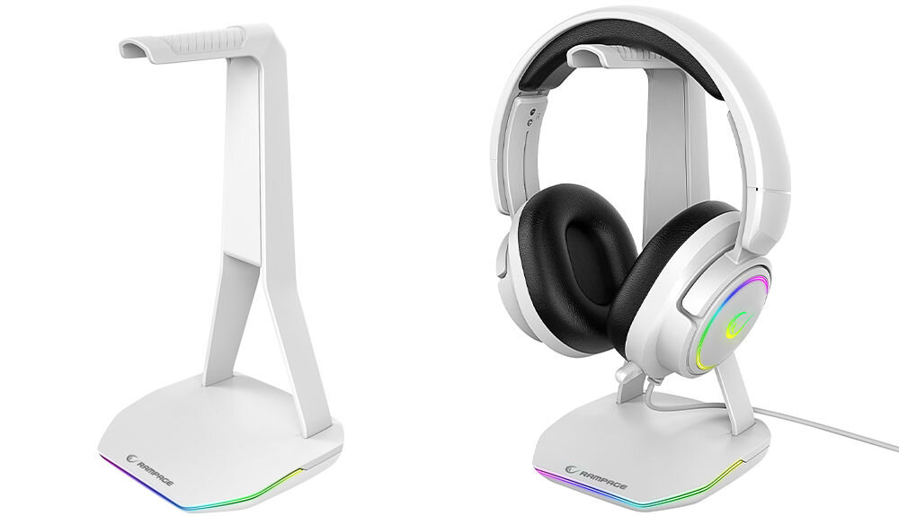 Rampage Tower T14 Stojak na słuchawki, gamingowy RGB, hub 2x USB, biały utrzymanie porządku na stanowisku pracy dedykowane miejsce na słuchawki wbudowany hub USB-A ergonomiczne uporządkowane miejsce skupienie efektywność