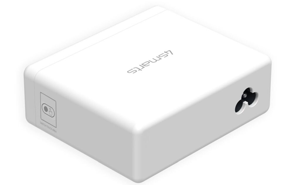 4SMARTS DIY Mode GaN 130 W technologii GaN (azotek galu) niską emisję ciepła wysoką wydajność energetyczną Kompaktowa forma (200 x 95 x 40 mm) - tył stacji ładującej na białym tle