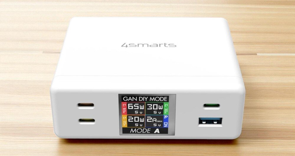 4SMARTS DIY Mode GaN 130 W smartfona, tabletu, laptopa smartwatcha protokołami szybkiego ładowania (PD 3.0, QC 4+, PPS) przewodowi zasilającemu - stacja ładująca na drewnianym blacie