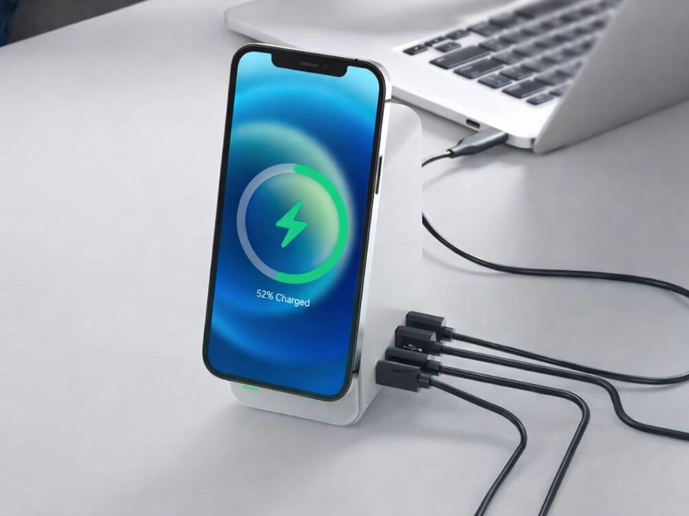 Stacja ładująca 4SMARTS 5in1 Ultimag DeskTower
                stacja ładująca z przymocowanym telefonem i podłączonymi portami