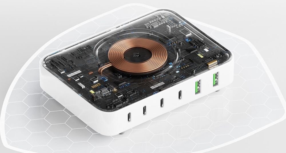 4SMARTS GaN 7w1 100 W jednoczesne ładowanie do 7 urządzeń 4 portów USB-C, 2 portów USB-A bezprzewodowej ładowarki Qi 15 W smartfonami, laptopami, tabletami, smartwatchami i słuchawkami TWS 0 wnętrze ładowarki