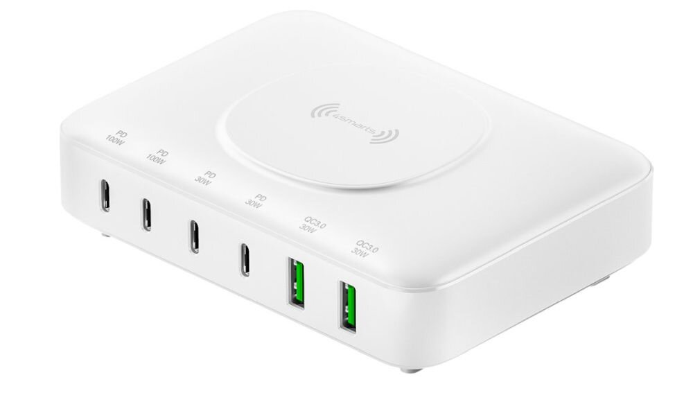 4SMARTS GaN 7w1 100 W system chłodzenia z odpornymi na temperaturę materiałami wielopoziomowe zabezpieczenia przeciążeniom, przegrzaniu i zwarciom - ładowarka od boku