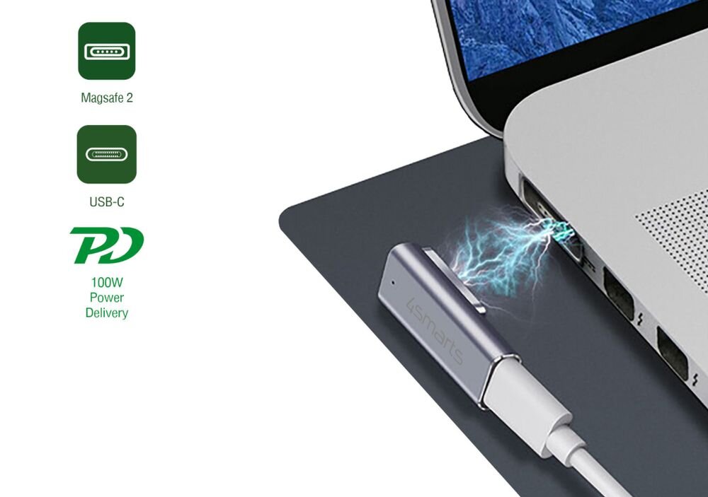 Adapter 4SMARTS USB-C MagSafe 2 PD 100 W adapter przy laptopie podłączony pod kabel z USB-C