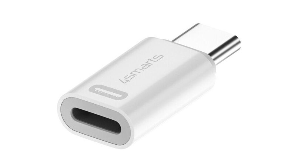 Adapter USB-C/Lightning 4SMARTS iPhone’ów oraz iPadów akcesoriów z portem Lightning ładowanie i transfer danych nie obsługuje transmisji audio urządzeń Apple - adapter na białym tle