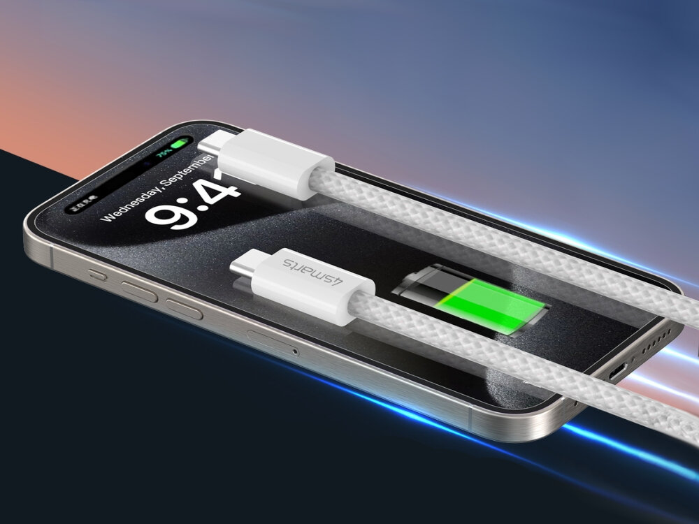 Kabel 4SMARTS USB-C 100W
                kabel obok smartfona zintegrowane magnesy porządek uporządkowane zwijanie magnetyczne końcówki utrzymuje kształt