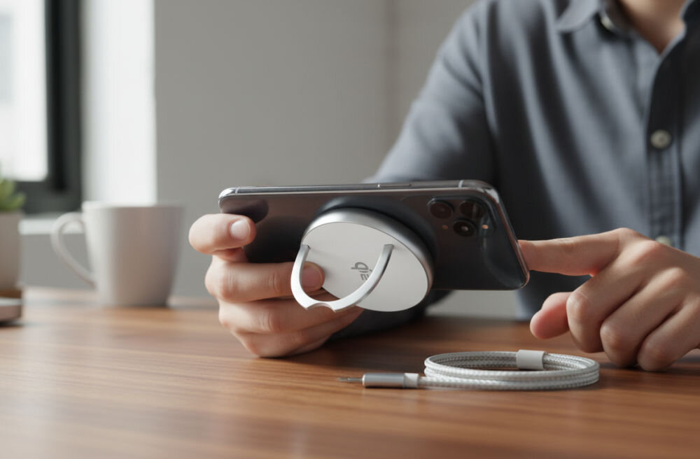 Ładowarka indukcyjna 4SMARTS Kickstand 15W Srebrna szybkie ładowanie Qi2 15 W początek opisu