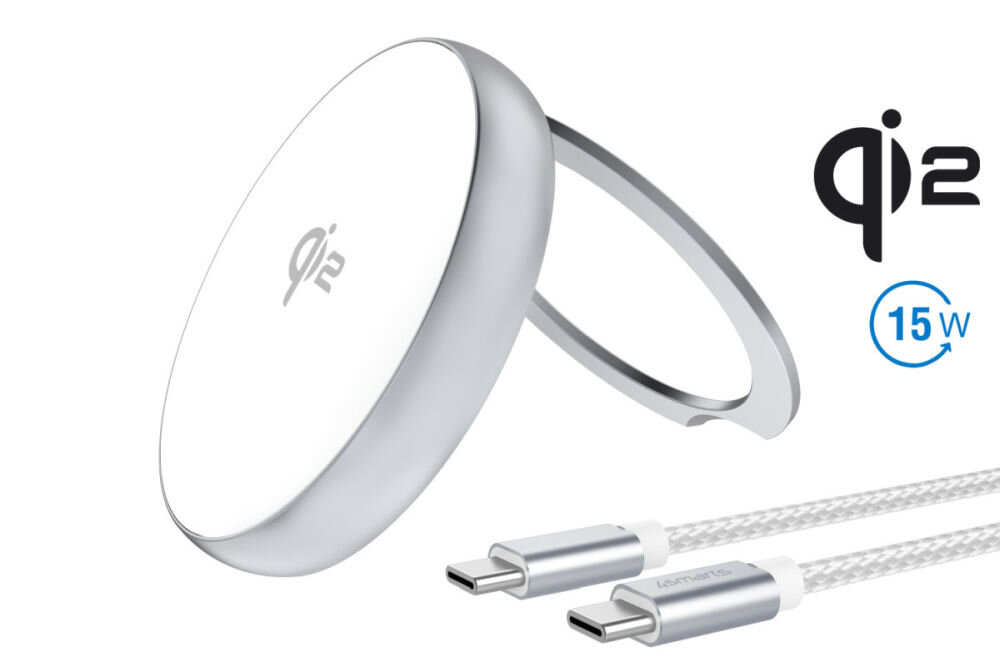 Ładowarka indukcyjna 4SMARTS Kickstand 15W Srebrna magnetyczne mocowanie MagSafe Qi2 wbudowane magnesy, kompatybilność z magsafe, efektywne ładowanie