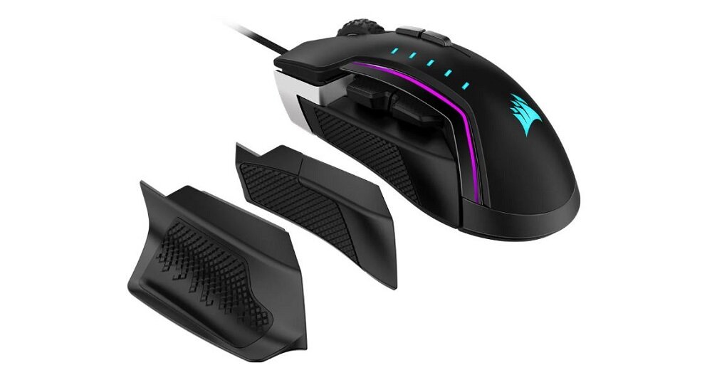 Mysz CORSAIR Glaive RGB Pro Aluminium Czarny wymienne podpórki widok skos