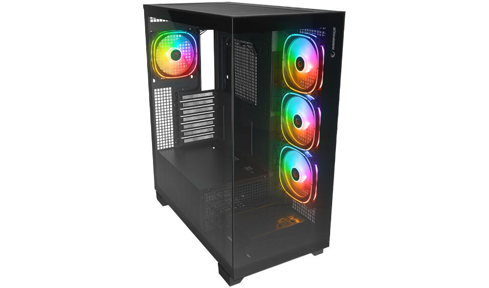 Rampage Hydra V1 Obudowa PC 4x wentylator USB C/USB A ARGB + hub E-ATX, czarna cztery wydajne wentylatory ARGB optymalny przepływ powietrza stabilne temperatury skuteczne chłodzenie wnętrza dla graczy równomierny przepływ powietrza zwiększona żywotnośc podzespołów dla każdego entuzjasty komputerów